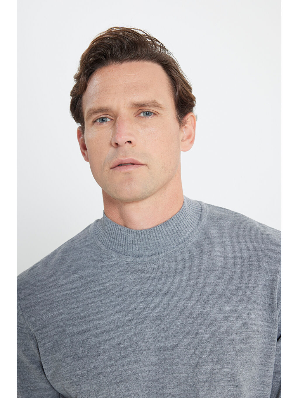 Erkek Gri Melanj Tüylenme Yapmayan Anti-Pilling Standart Fit Yarım Balıkçı Yaka Triko Kazak-3