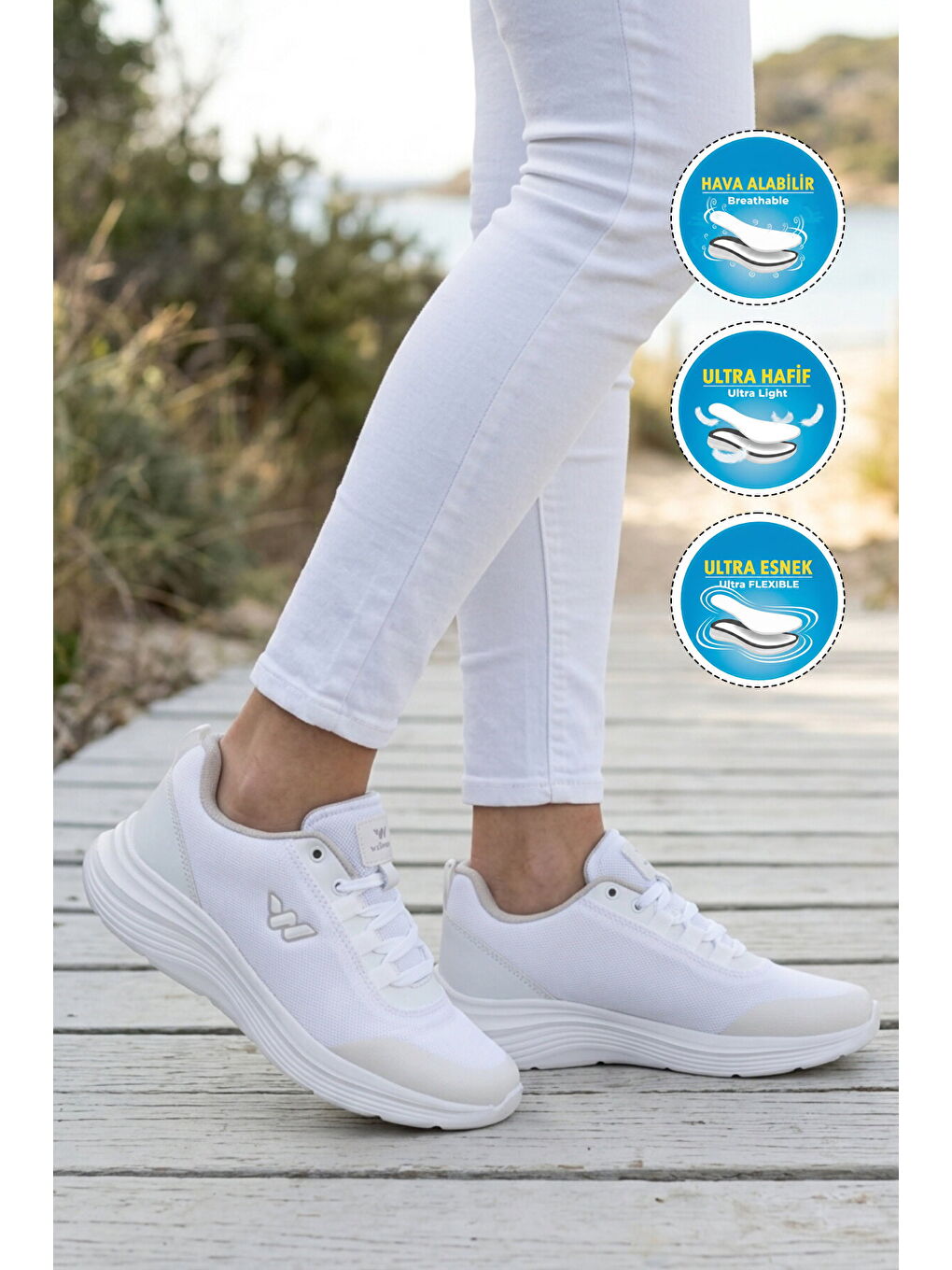 Beyaz Fileli Hafif Esnek Hava Alabilen Unisex Spor Ayakkabı Pete G-2