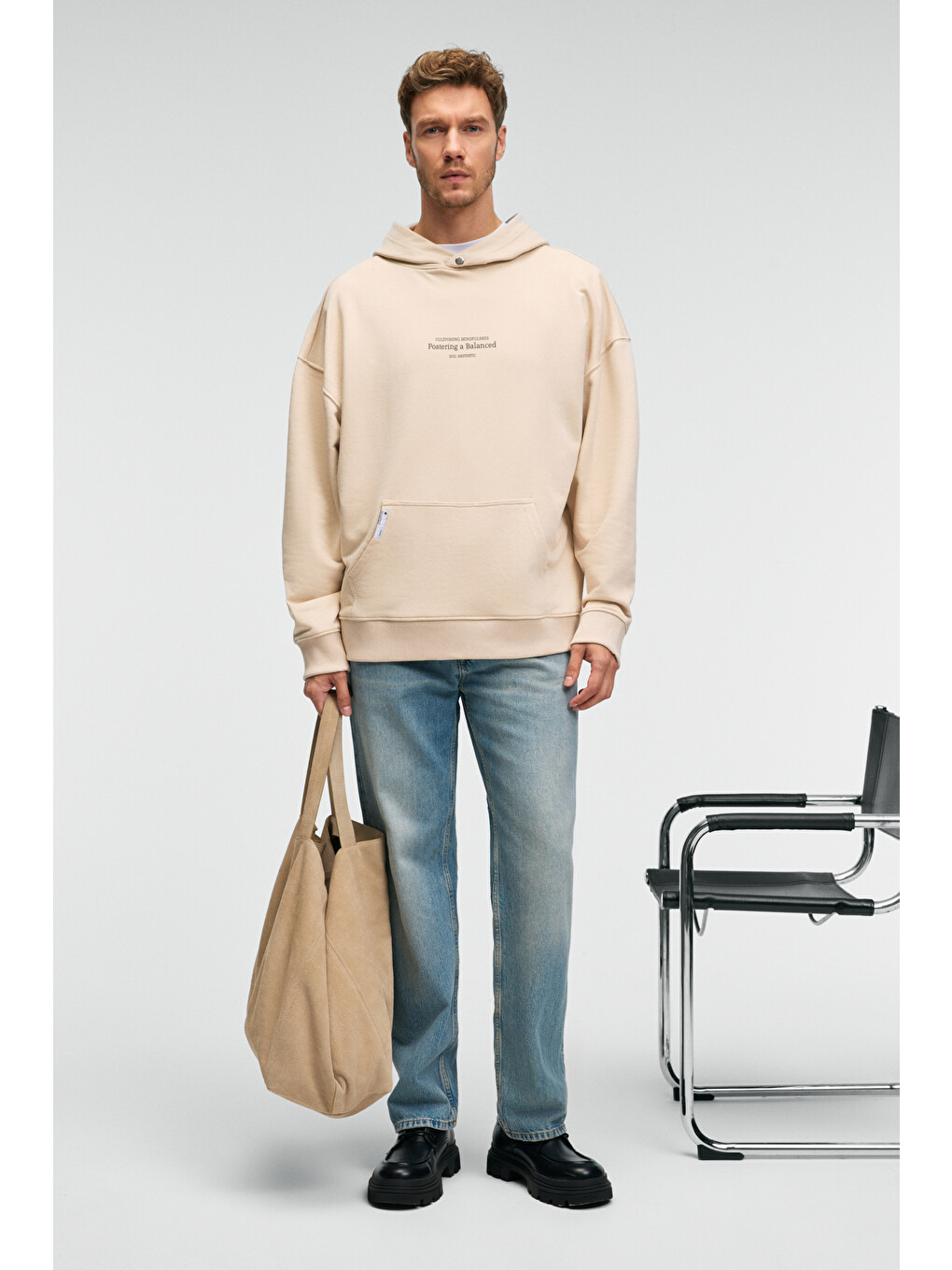 Ekru Clay Erkek %100 Pamuk Kapüşonlu Çıtçıtlı Baskılı Cebi Süs Etiketli Krem Sweatshirt-1