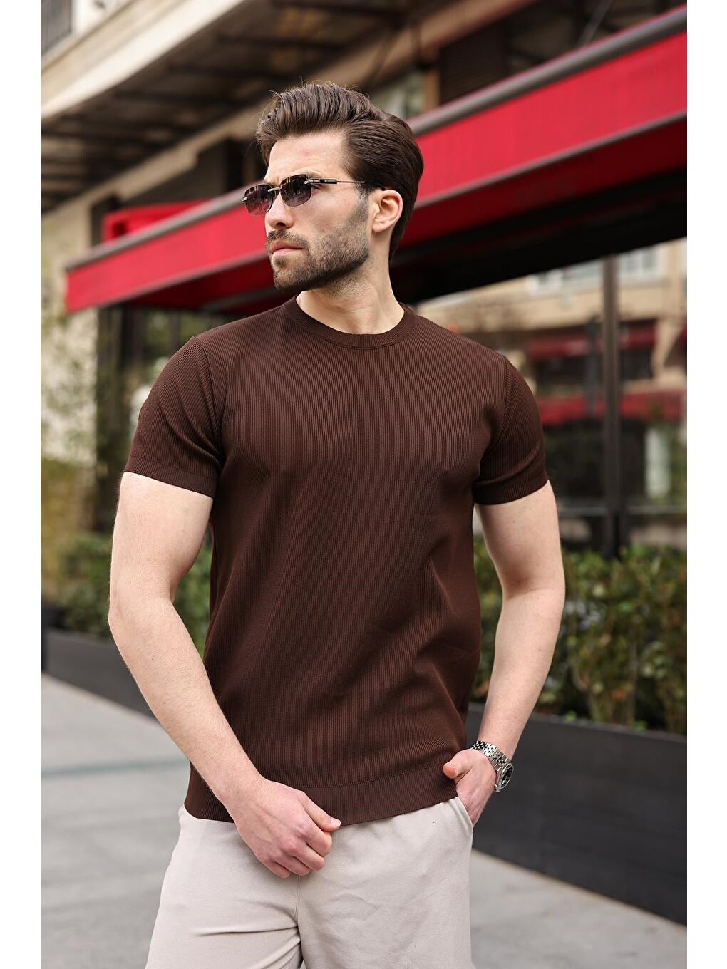 Kahverengi Bisiklet Yaka Fitilli Erkek Tişört E7474