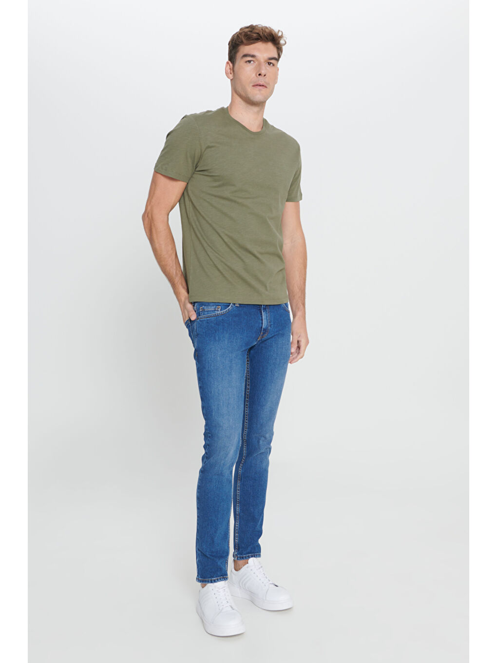 Erkek Haki Slim Fit Dar Kesim %100 Pamuk Bisiklet Yaka Tişört-1