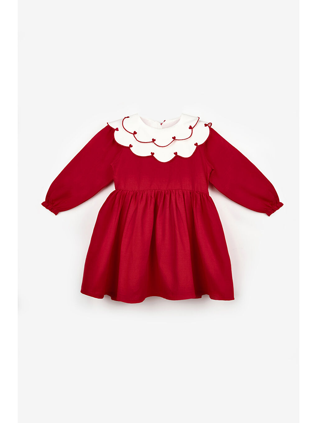 Kırmızı Kalp Desenli Yakalı Kız Çocuk Keten Elbise - Vivienne