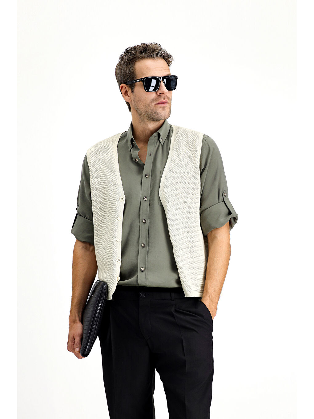 Bej Pamuklu Desenli Triko Yelek