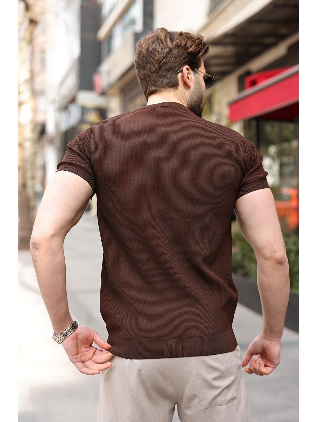 Kahverengi Bisiklet Yaka Fitilli Erkek Tişört E7474-1