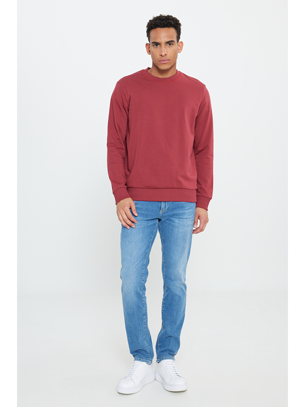 Erkek Bordo Standart Fit Normal Kesim Bisiklet Yaka Pamuklu Sweatshirt-1