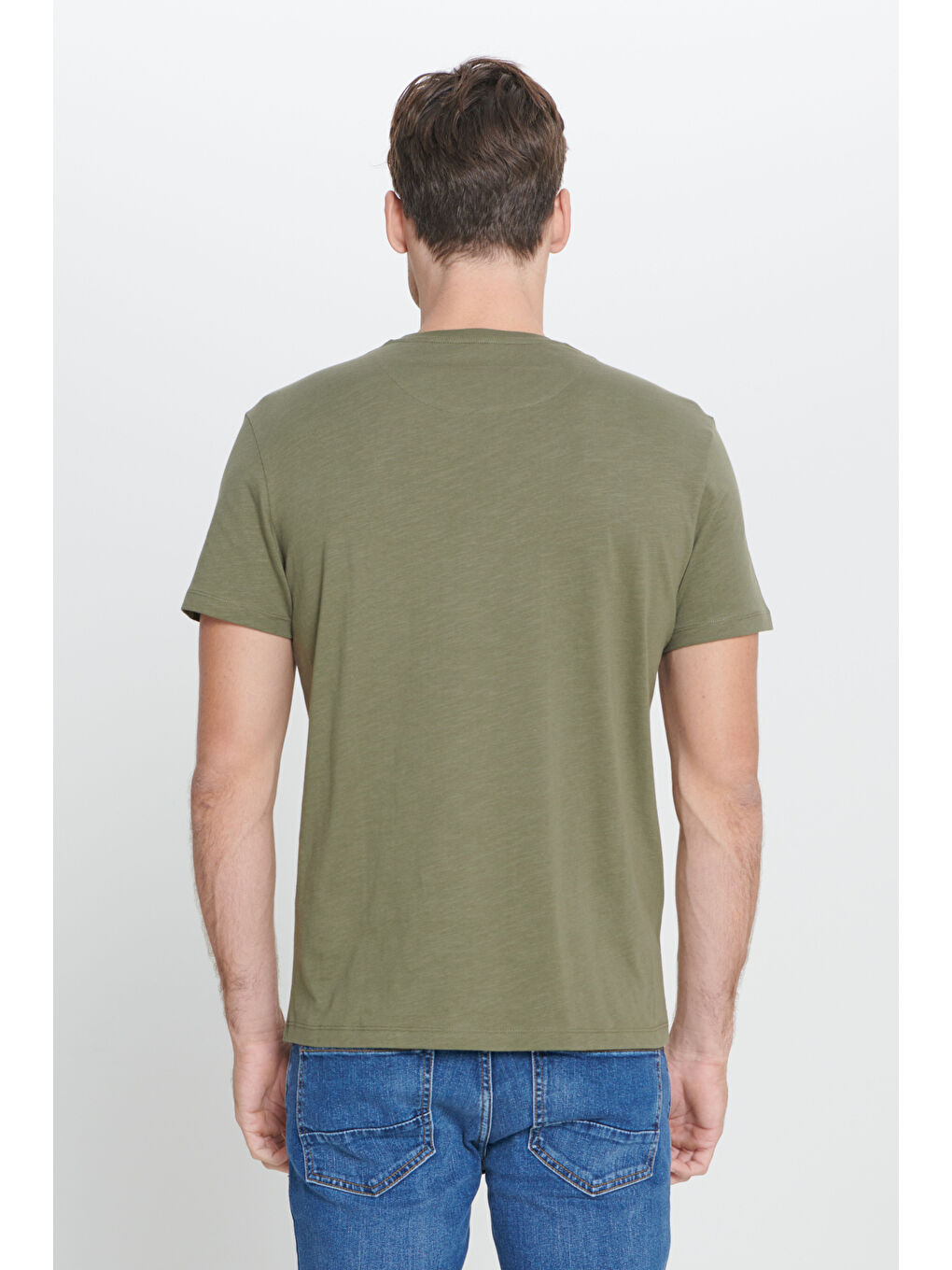 Erkek Haki Slim Fit Dar Kesim %100 Pamuk Bisiklet Yaka Tişört-5