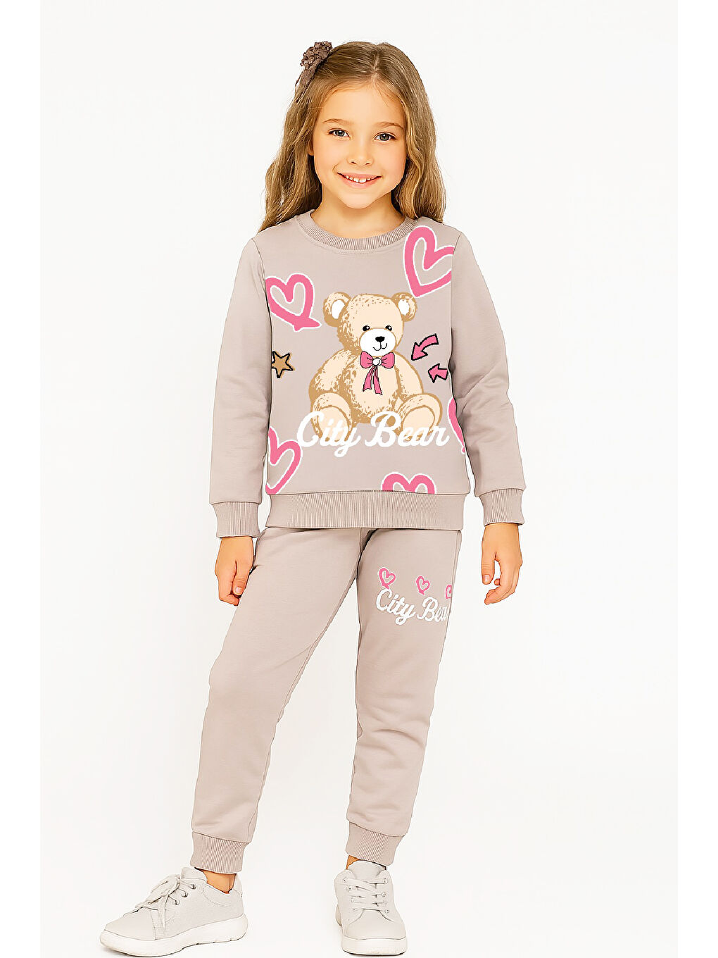 Kahverengi Kız Çocuk 2 İplik Şardonsuz Ayıcık Baskılı Alt-Üst Takım-3 -10 Yaş 12415