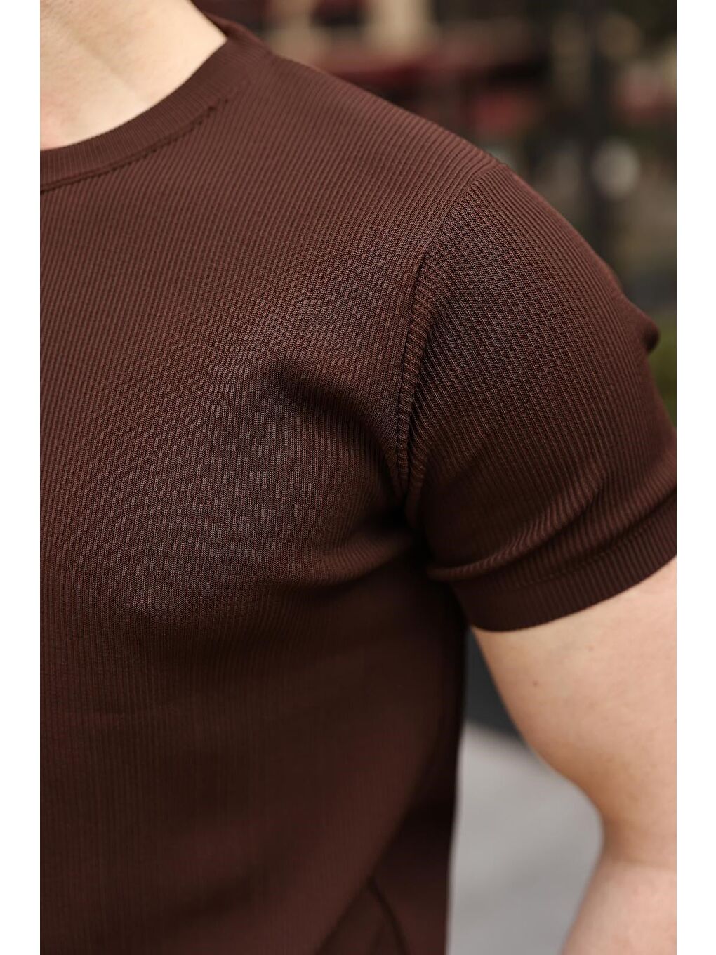 Kahverengi Bisiklet Yaka Fitilli Erkek Tişört E7474-2