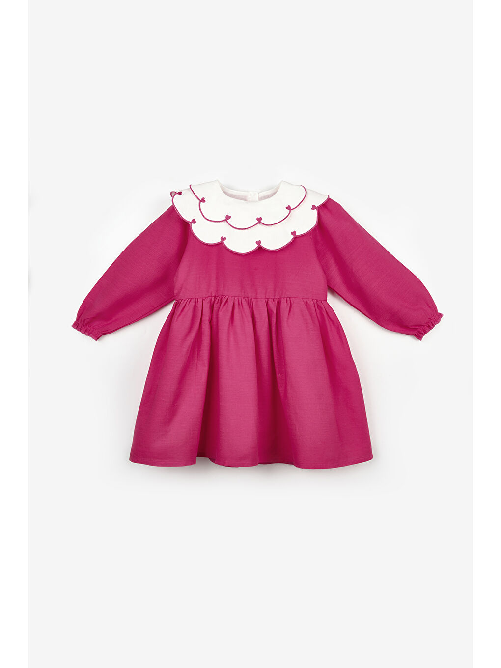 Fuşya Kalp Desenli Yakalı Kız Çocuk Keten Elbise - Vivienne