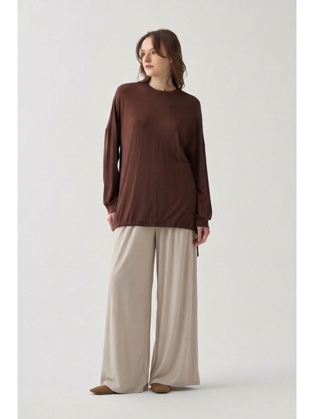 Kahverengi Kahve-Stoper Detaylı Tunik