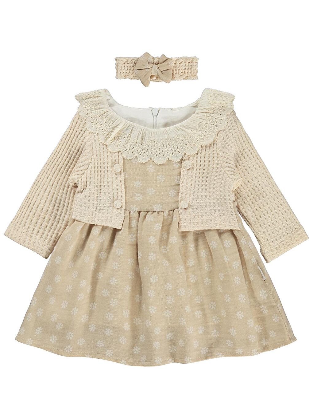 Lüks Süs Bolerolu Bandanalı 6-18 Ay Elbise - Bej 18-24 Ay