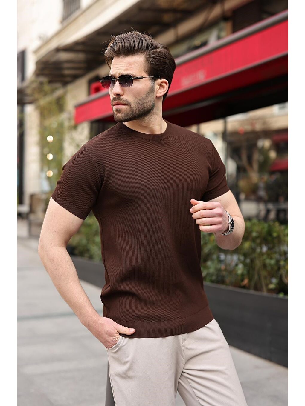 Kahverengi Bisiklet Yaka Fitilli Erkek Tişört E7474-3