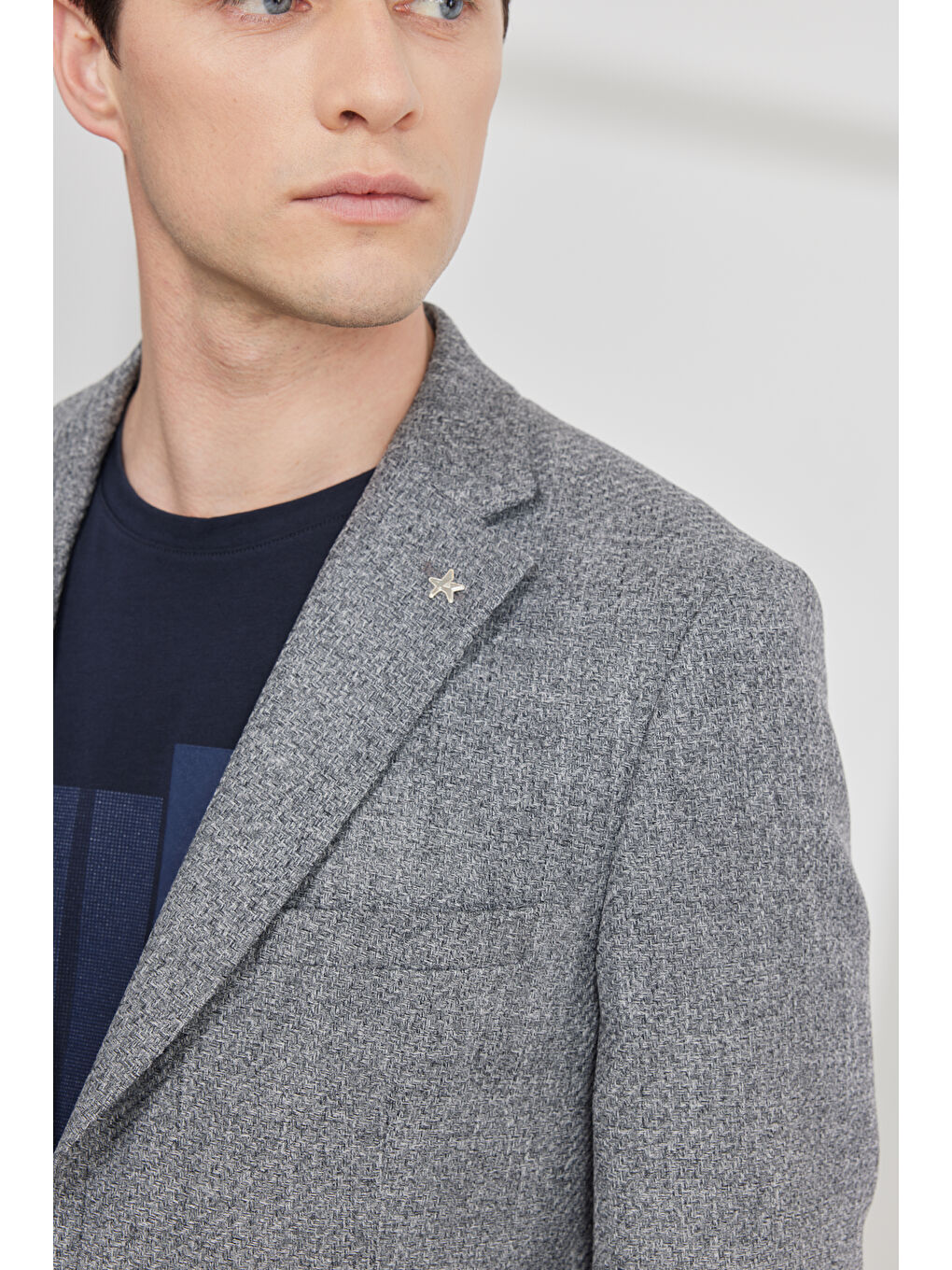 Erkek Gri Slim Fit Dar Kesim Mono Yaka Armürlü Ceket-2