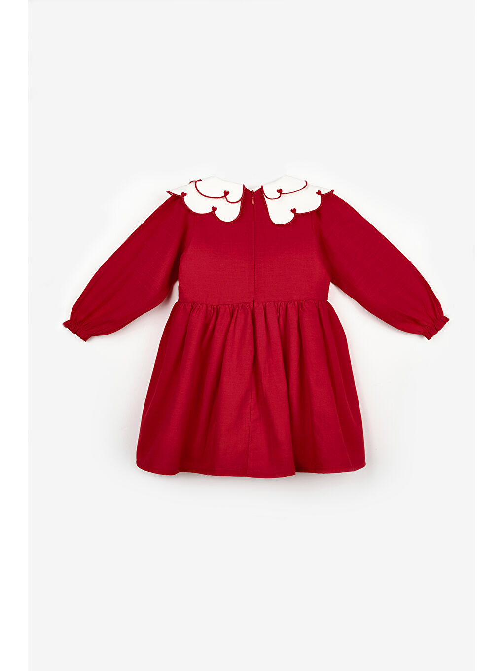 Kırmızı Kalp Desenli Yakalı Kız Çocuk Keten Elbise - Vivienne-1