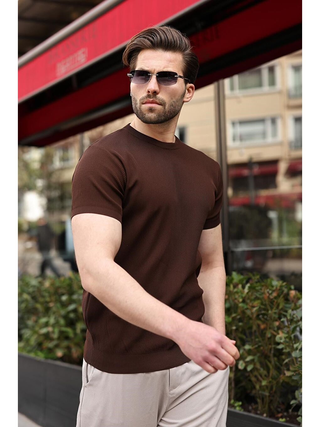 Kahverengi Bisiklet Yaka Fitilli Erkek Tişört E7474-4