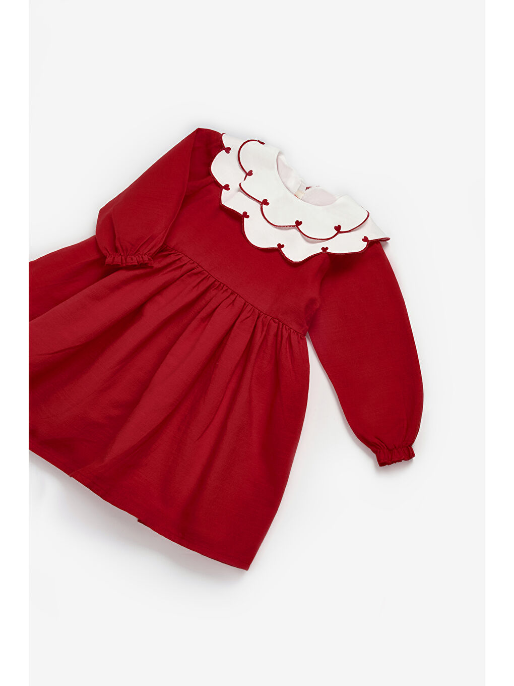 Kırmızı Kalp Desenli Yakalı Kız Çocuk Keten Elbise - Vivienne-2