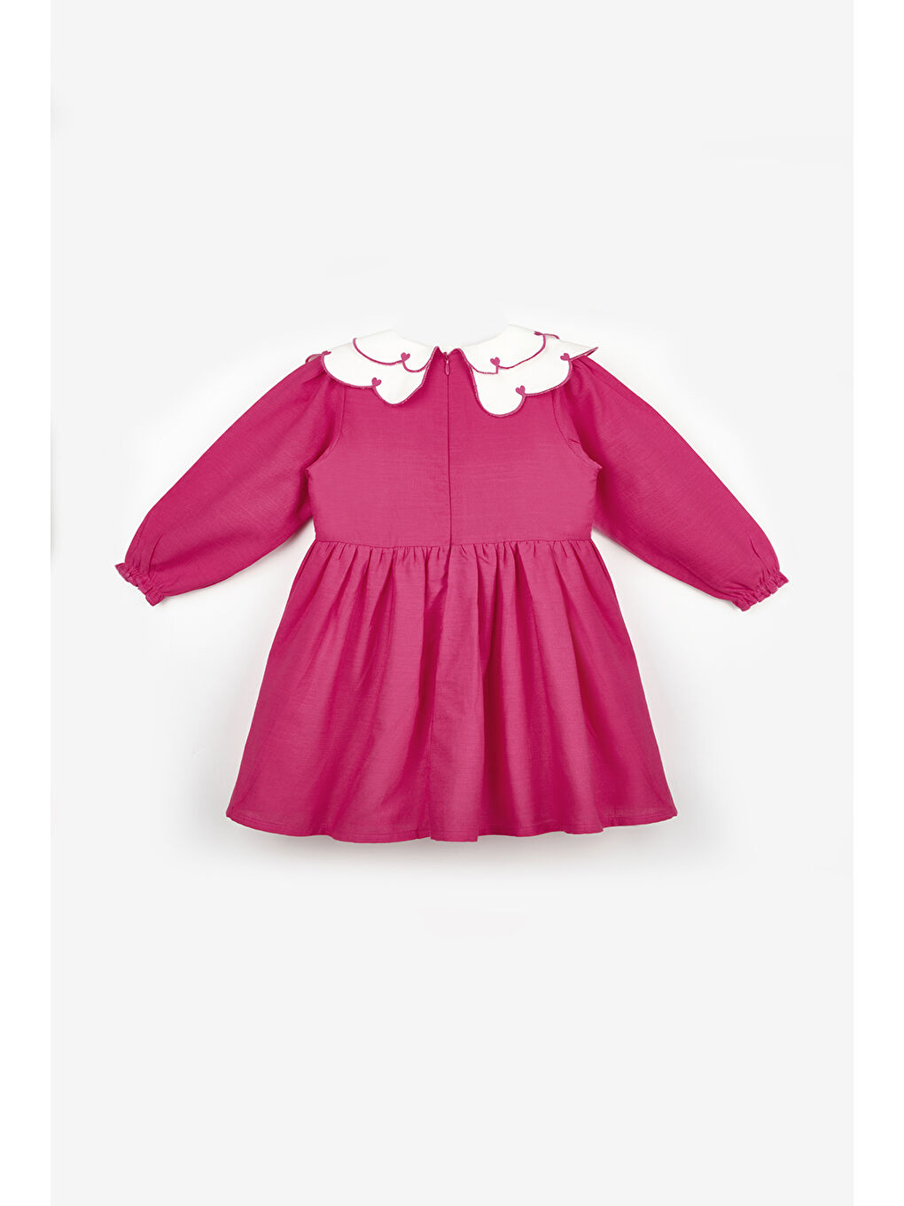 Fuşya Kalp Desenli Yakalı Kız Çocuk Keten Elbise - Vivienne-1