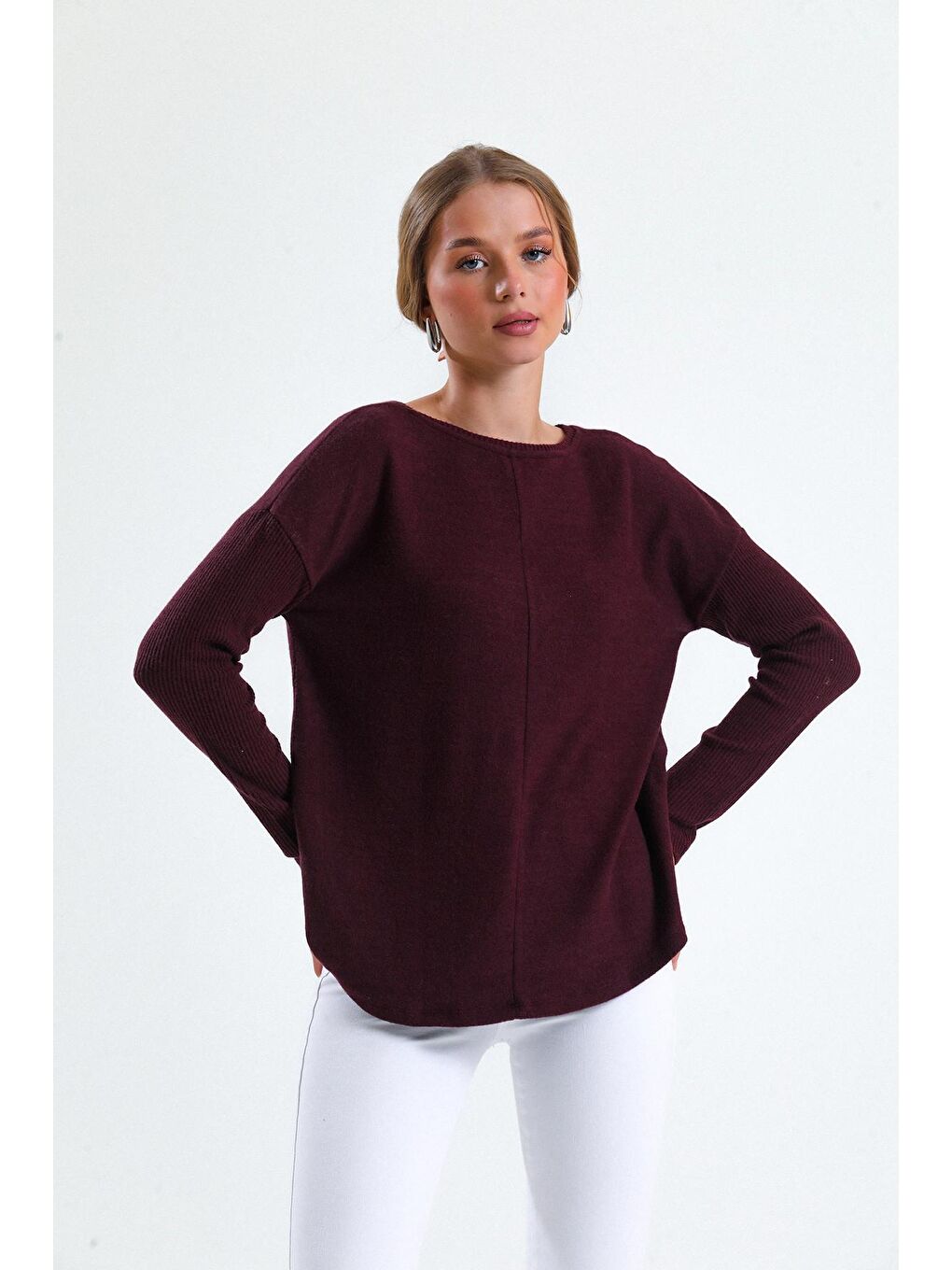 Bordo Bisiklet Yaka Yanları Fermuar Detaylı Mevsimlik Triko Sweatshirt 435660