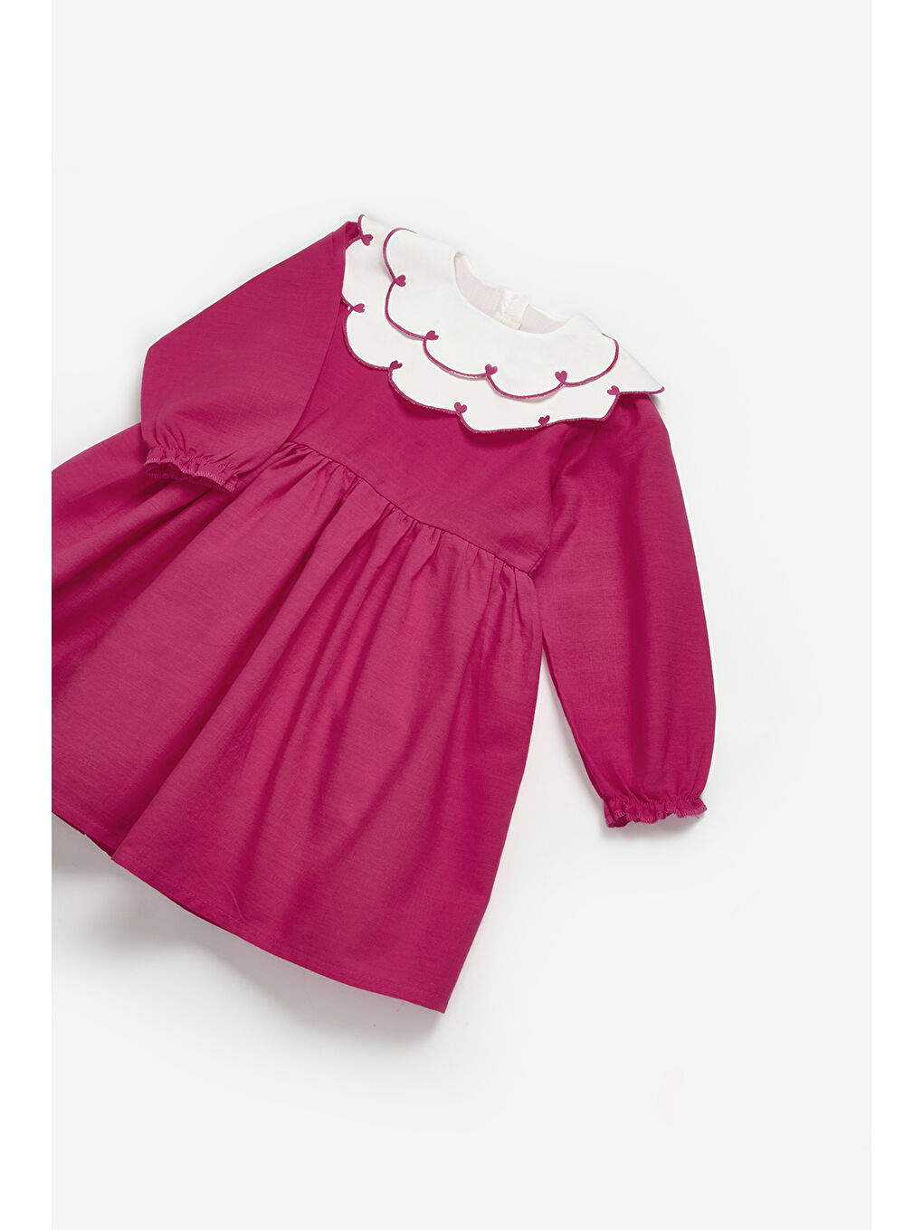 Fuşya Kalp Desenli Yakalı Kız Çocuk Keten Elbise - Vivienne-2