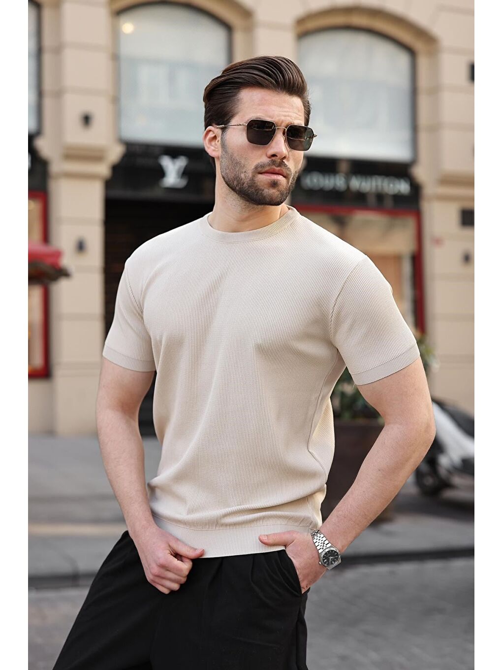 Bej Taş Rengi Bisiklet Yaka Fitilli Erkek Tişört E7474-1