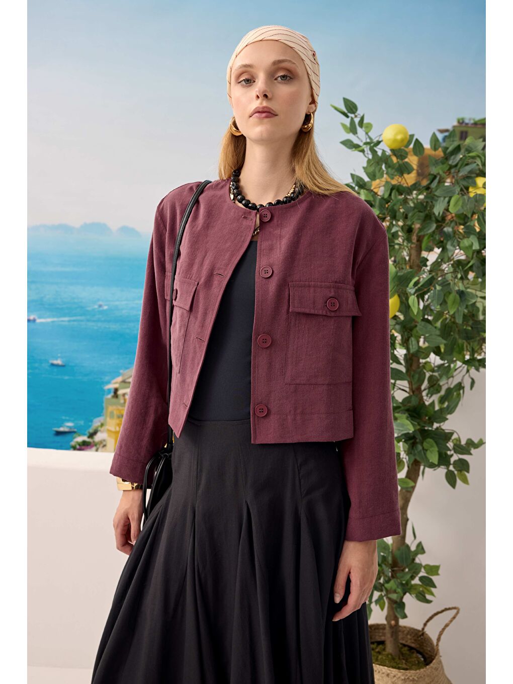 Modal Crop Ceket Bordo