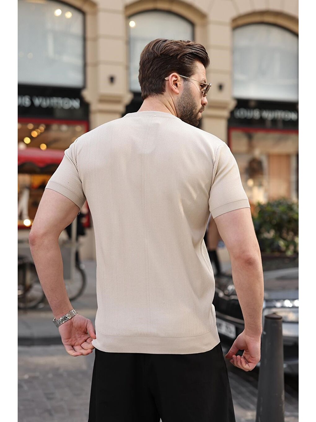 Bej Taş Rengi Bisiklet Yaka Fitilli Erkek Tişört E7474-2