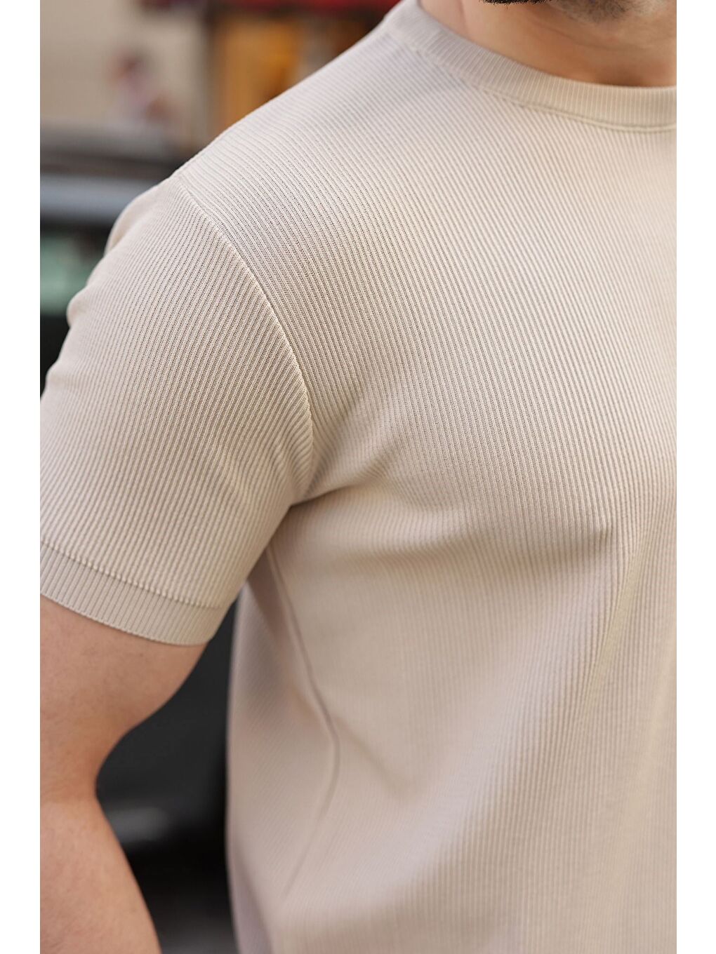 Bej Taş Rengi Bisiklet Yaka Fitilli Erkek Tişört E7474-3