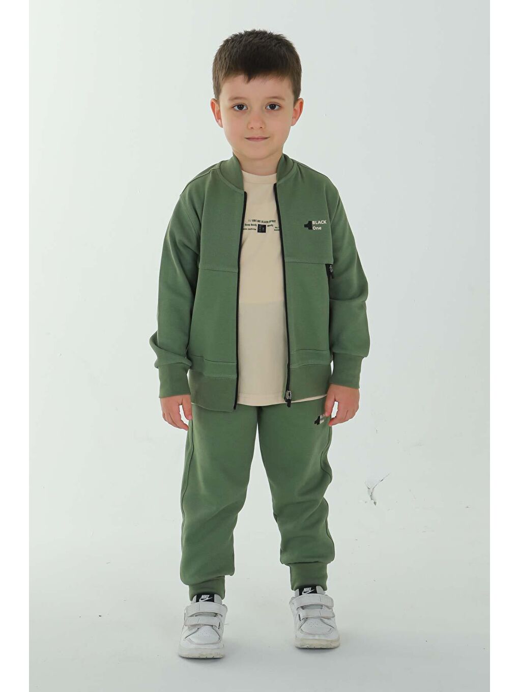 Haki Unisex Çocuk Çift Cepli Baskı Detaylı Eşofman Takımı