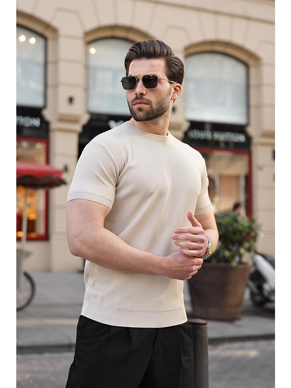 Bej Taş Rengi Bisiklet Yaka Fitilli Erkek Tişört E7474-4