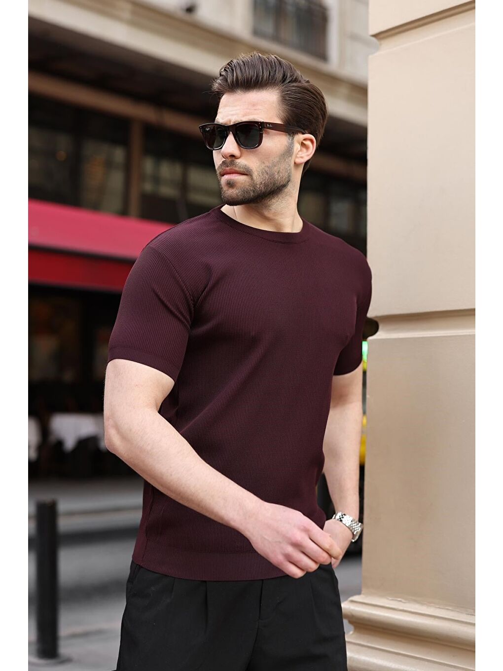 Mürdüm Bisiklet Yaka Fitilli Erkek Tişört E7474-1