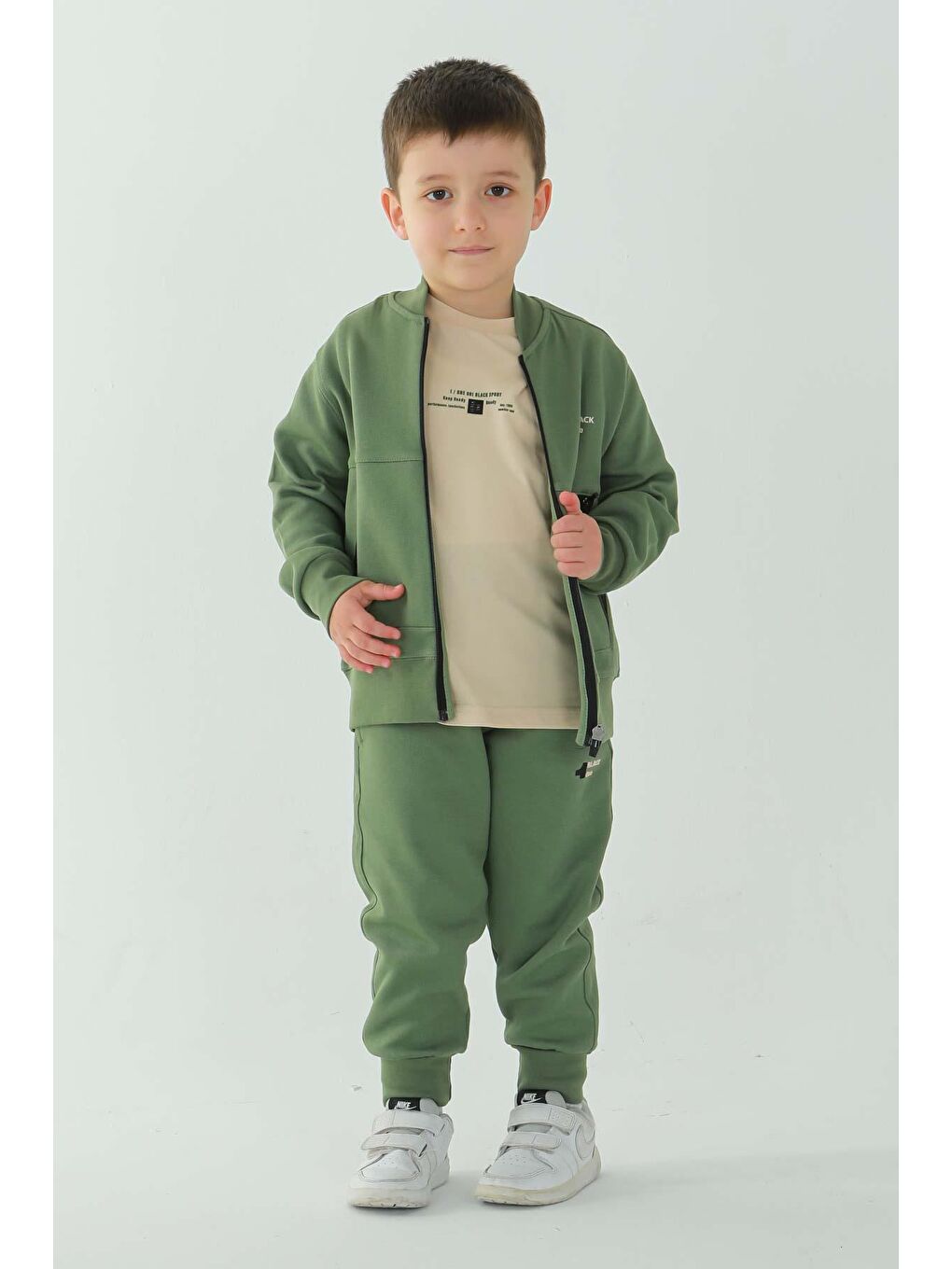 Haki Unisex Çocuk Çift Cepli Baskı Detaylı Eşofman Takımı-1