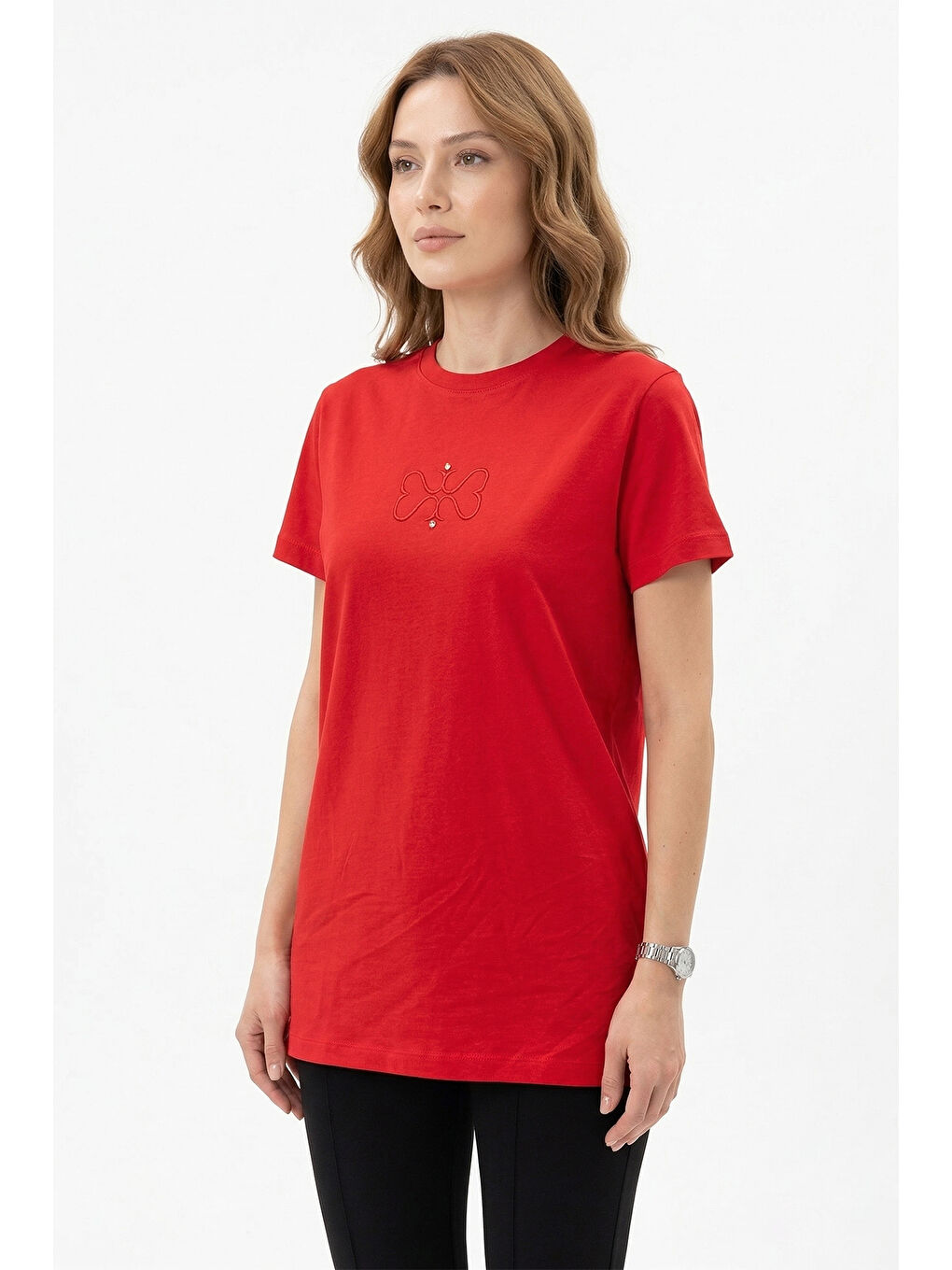Pamuklu Nakışlı Tshirt Tunik 5360 Kırmızı