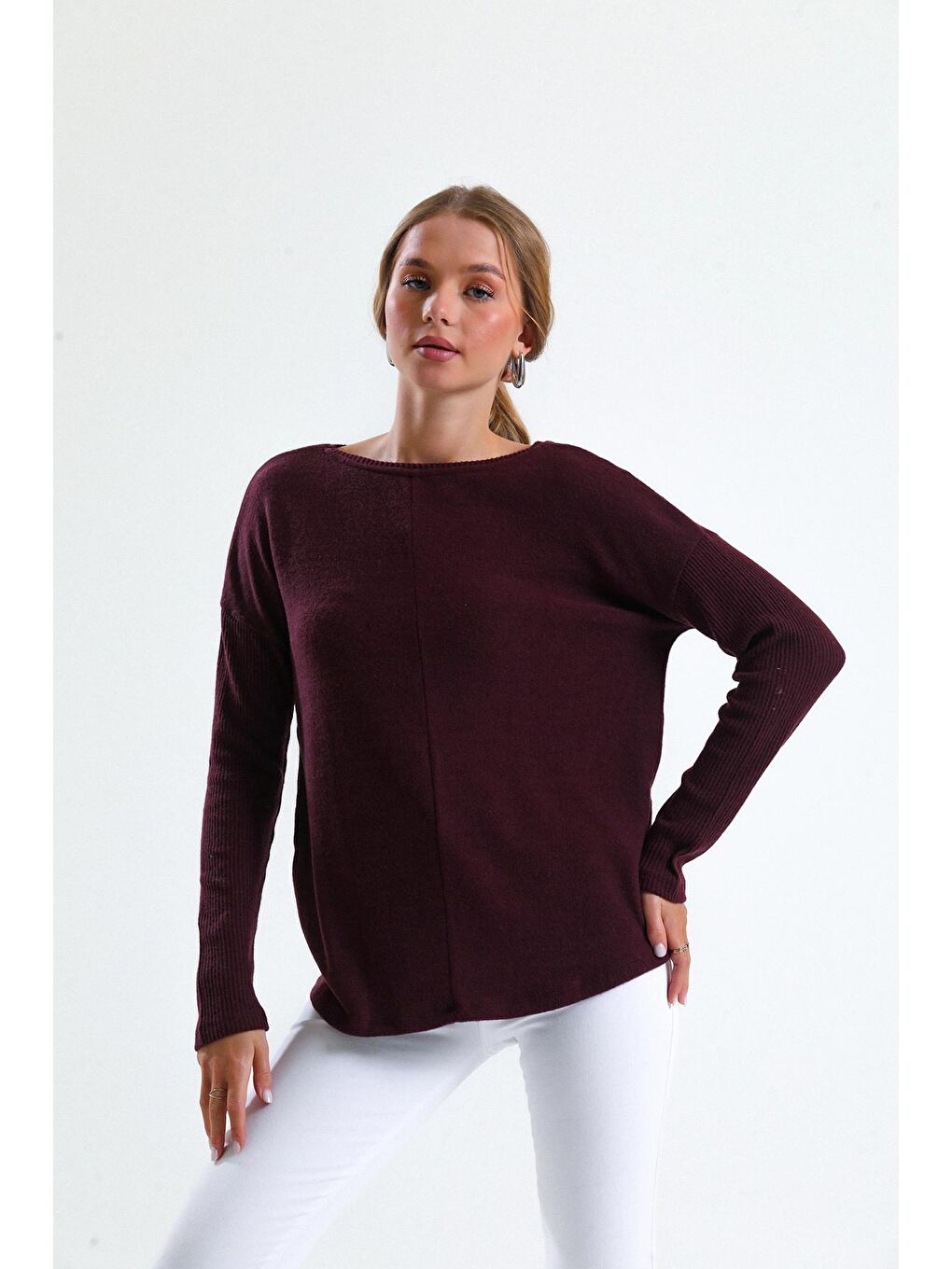 Bordo Bisiklet Yaka Yanları Fermuar Detaylı Mevsimlik Triko Sweatshirt 435660-1
