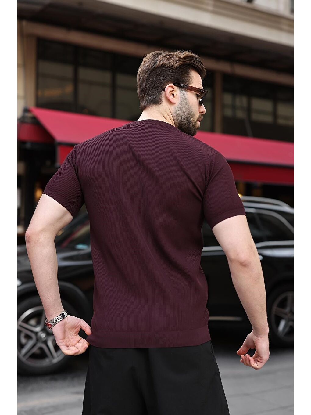 Mürdüm Bisiklet Yaka Fitilli Erkek Tişört E7474-2