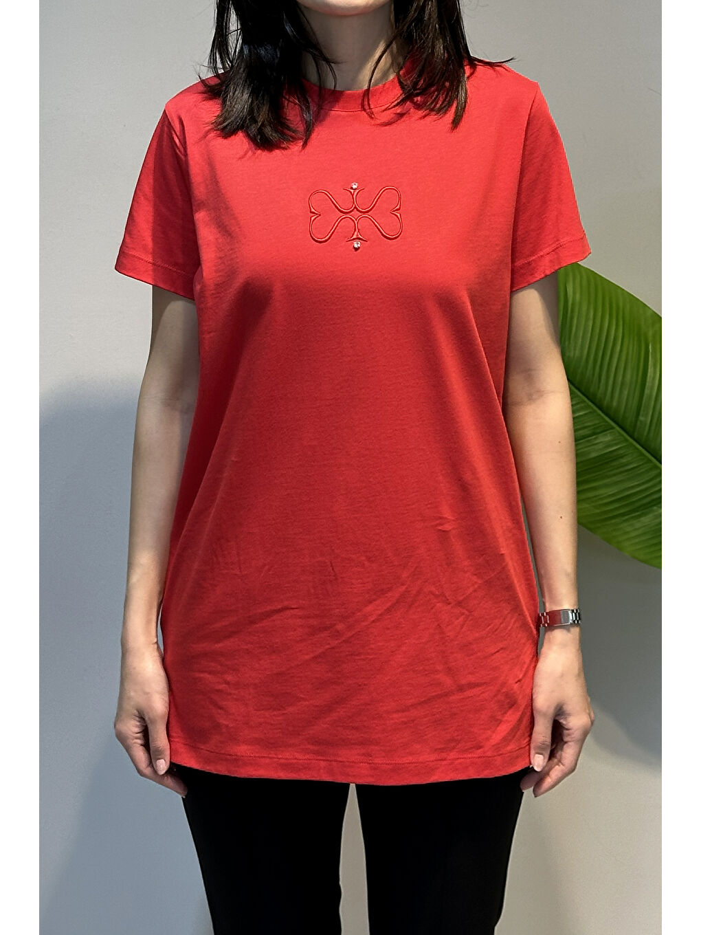 Pamuklu Nakışlı Tshirt Tunik 5360 Kırmızı-1