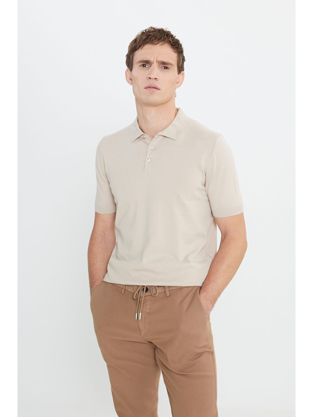 Erkek Bej Standart Fit Normal Kesim %100 Pamuk Polo Yaka Triko Tişört-2