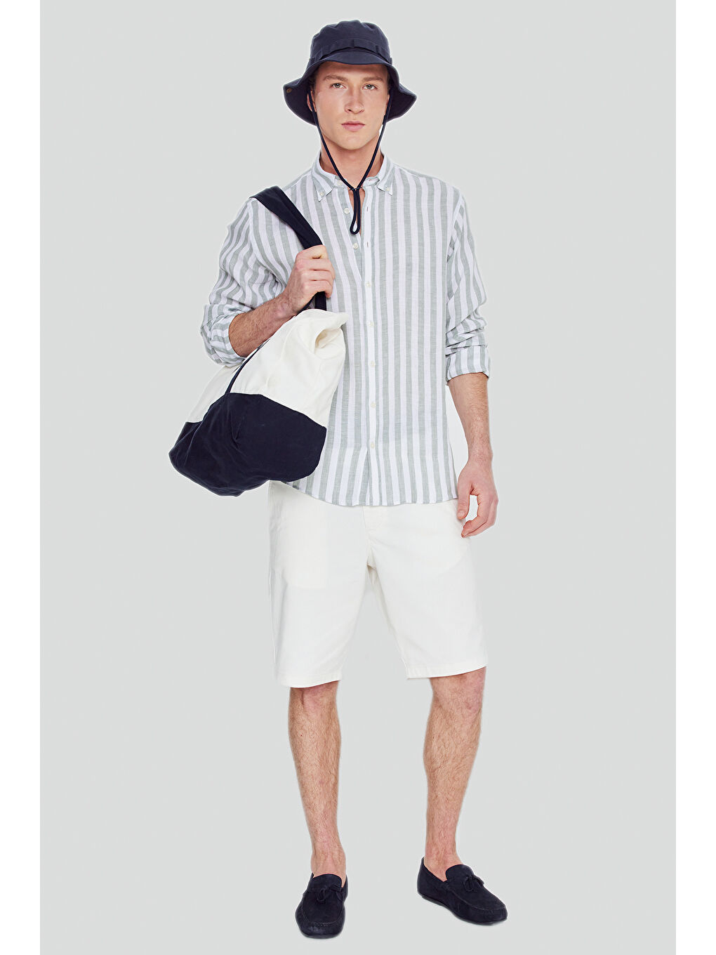 Erkek Haki-Beyaz %100 Keten Comfort Fit Rahat Kesim Düğmeli Yaka Çizgili Gömlek-1