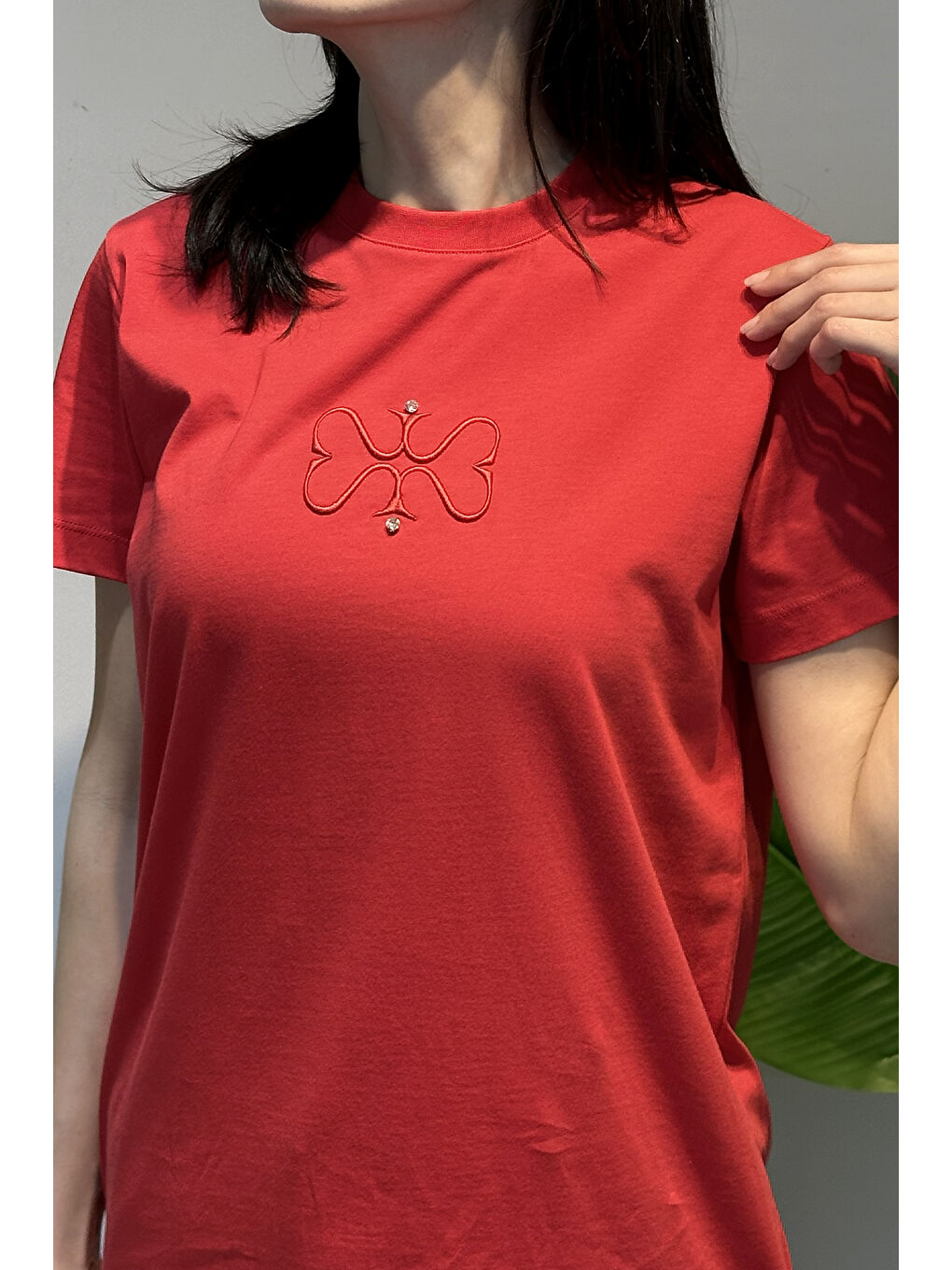 Pamuklu Nakışlı Tshirt Tunik 5360 Kırmızı-2