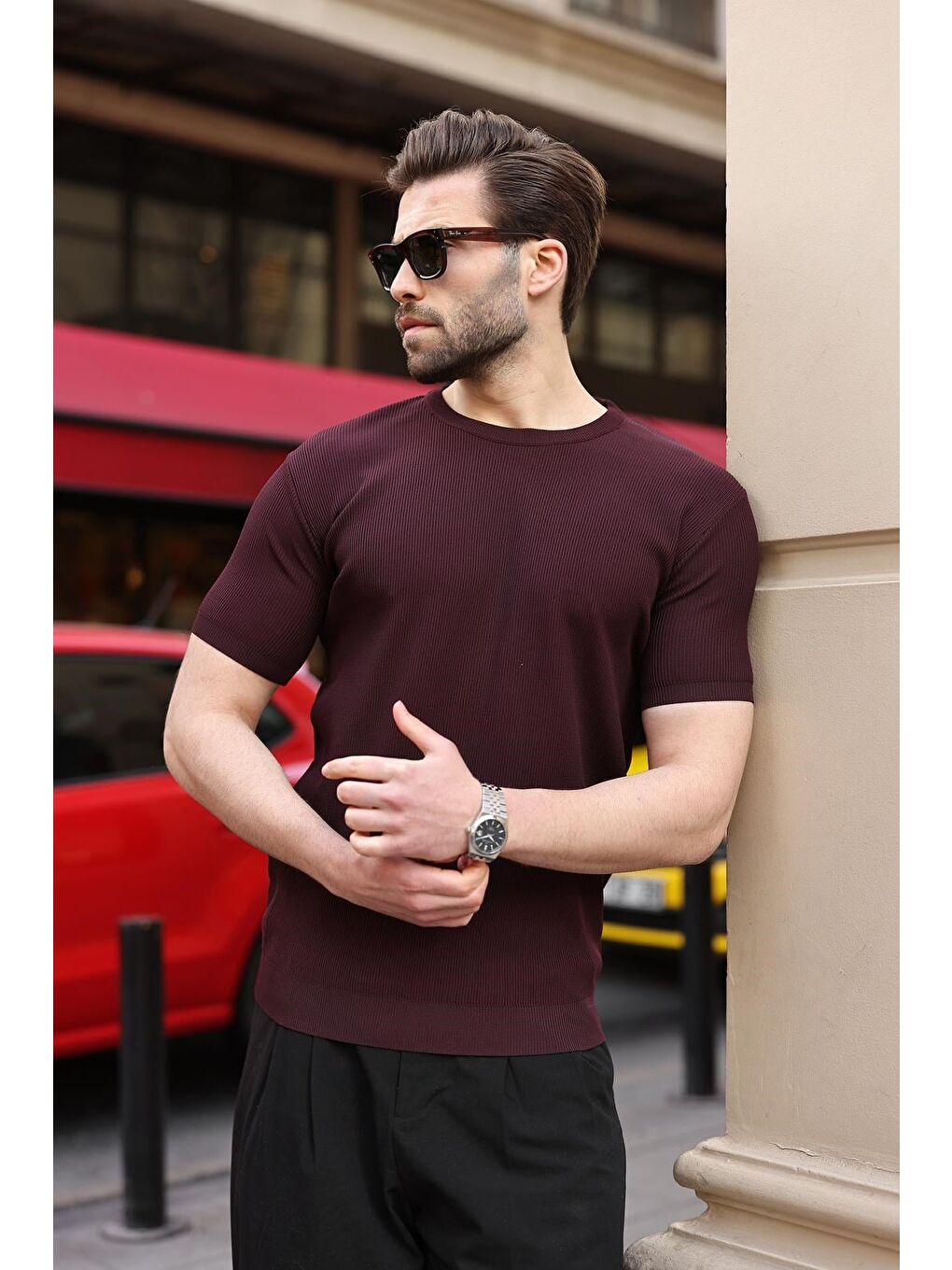 Mürdüm Bisiklet Yaka Fitilli Erkek Tişört E7474-4