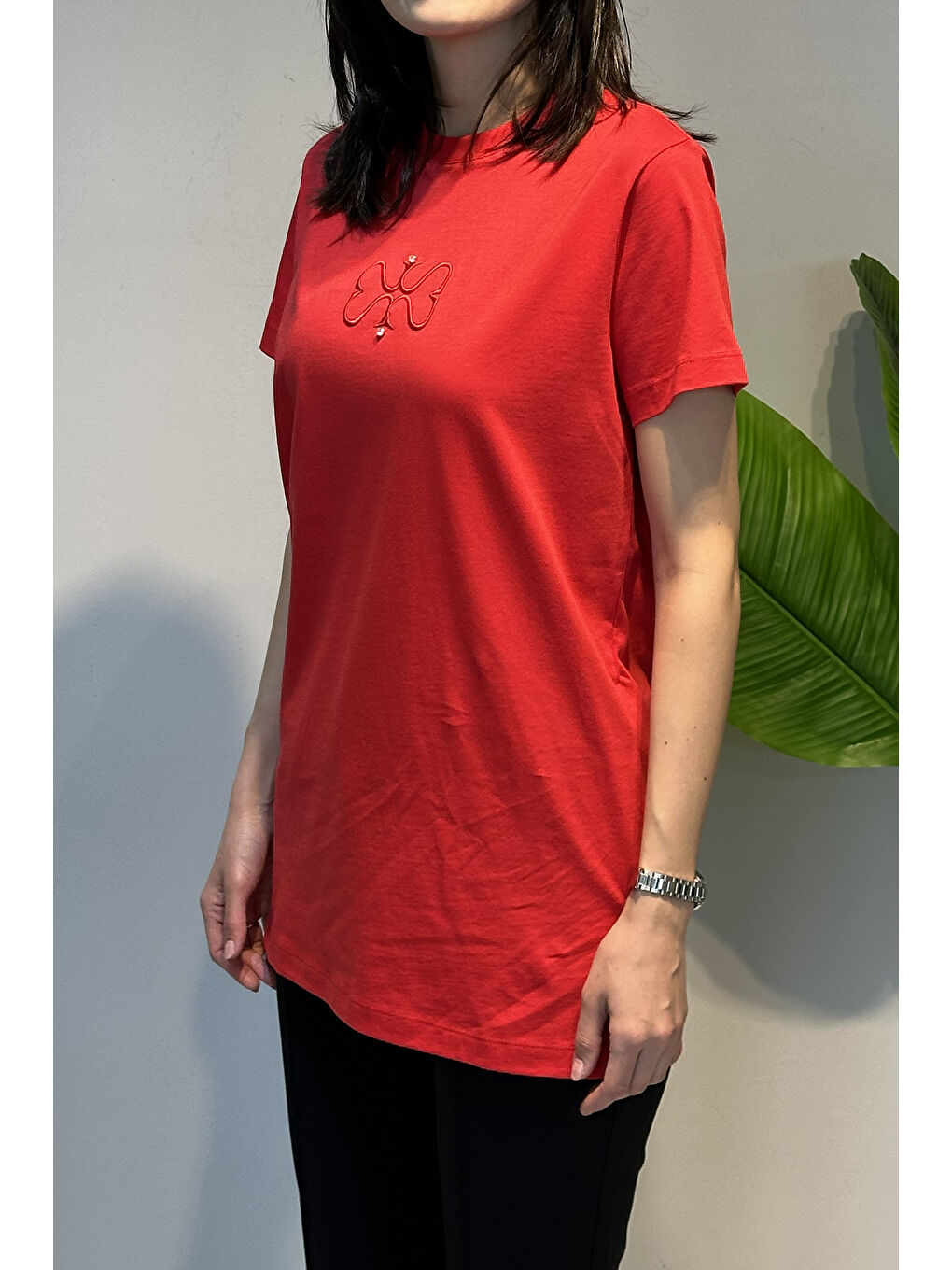 Pamuklu Nakışlı Tshirt Tunik 5360 Kırmızı-3