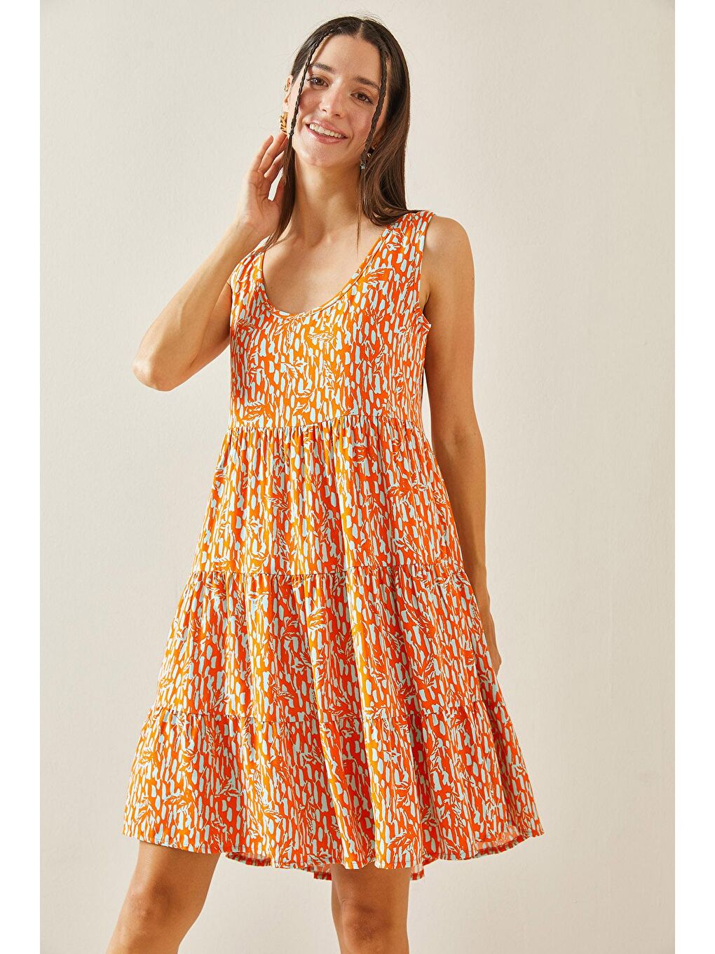 Turuncu U Yaka Desenli Askılı Elbise 5YXK6-48849-11