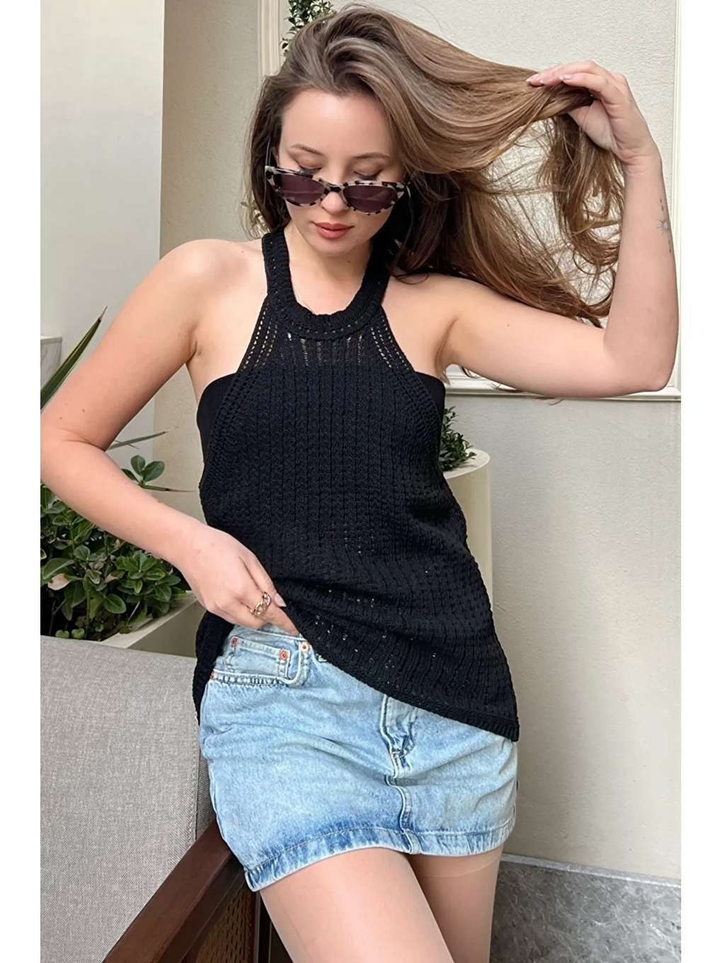 Siyah Kadın Halter Yaka Ajurlu Triko Bluz-2