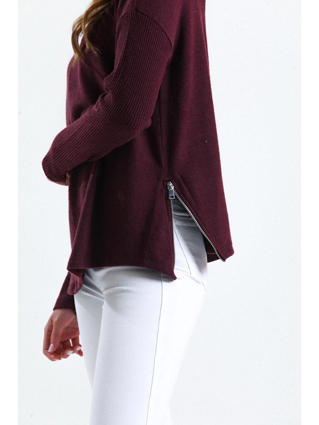 Bordo Bisiklet Yaka Yanları Fermuar Detaylı Mevsimlik Triko Sweatshirt 435660-2