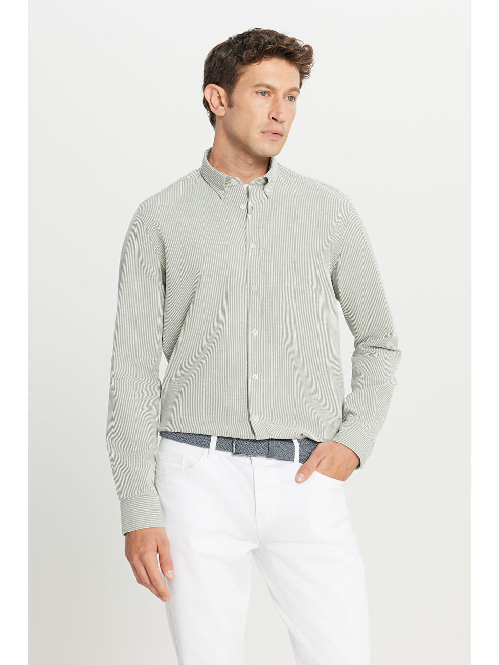 Erkek Haki-Beyaz %100 Pamuk Slim Fit Dar Kesim Düğmeli Yaka Çizgili Gömlek-1