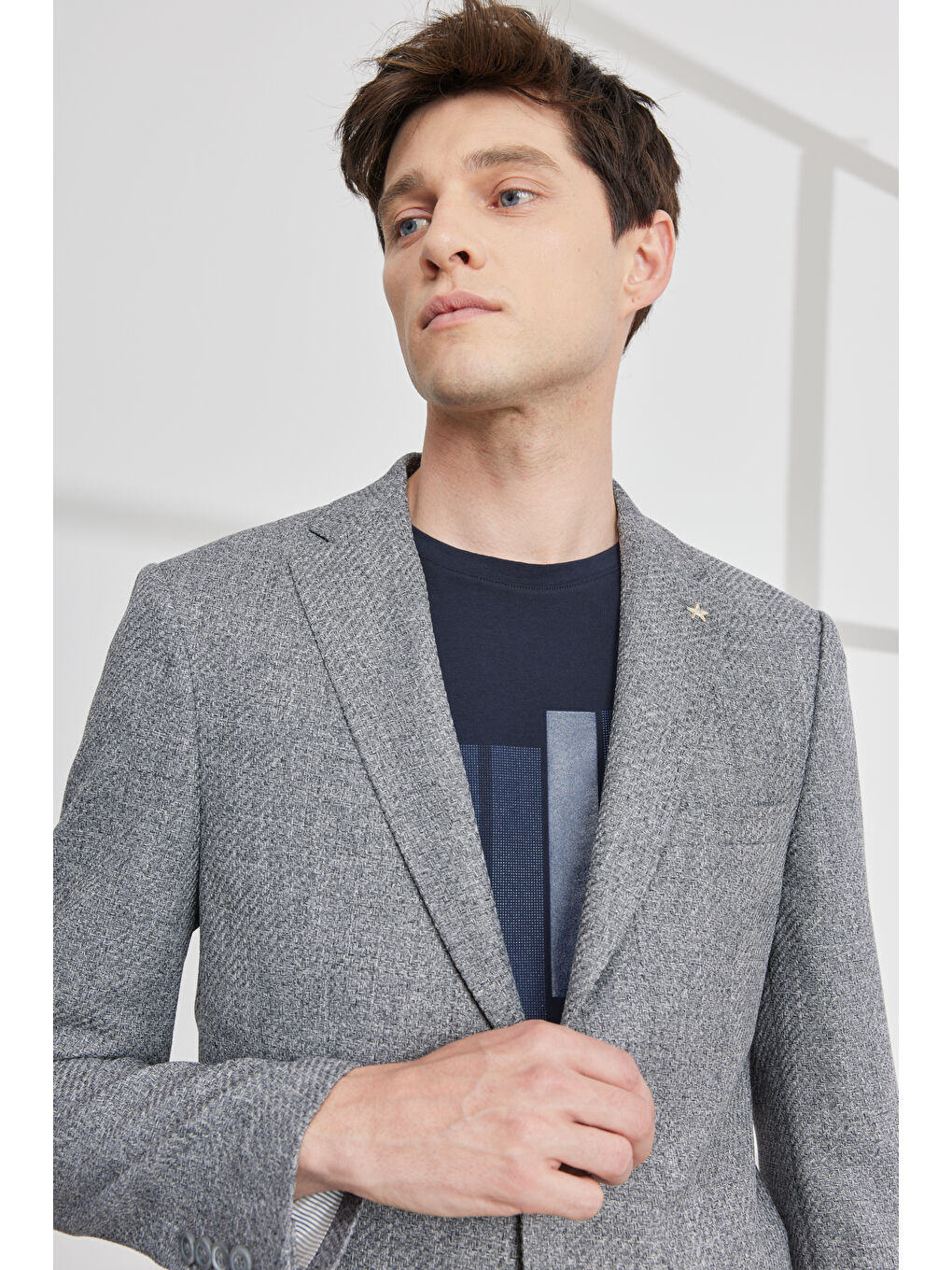 Erkek Gri Slim Fit Dar Kesim Mono Yaka Armürlü Ceket-4