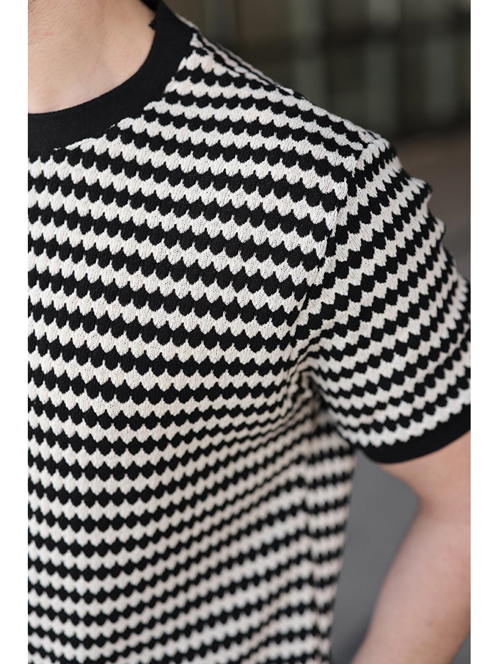 Siyah Jakarlı Bisiklet Yaka Erkek Tişört E7181-2