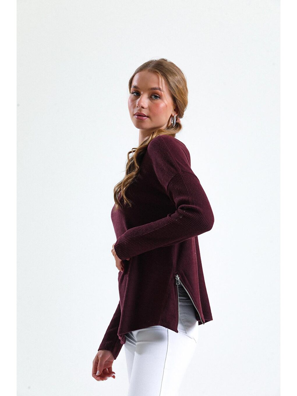 Bordo Bisiklet Yaka Yanları Fermuar Detaylı Mevsimlik Triko Sweatshirt 435660-3