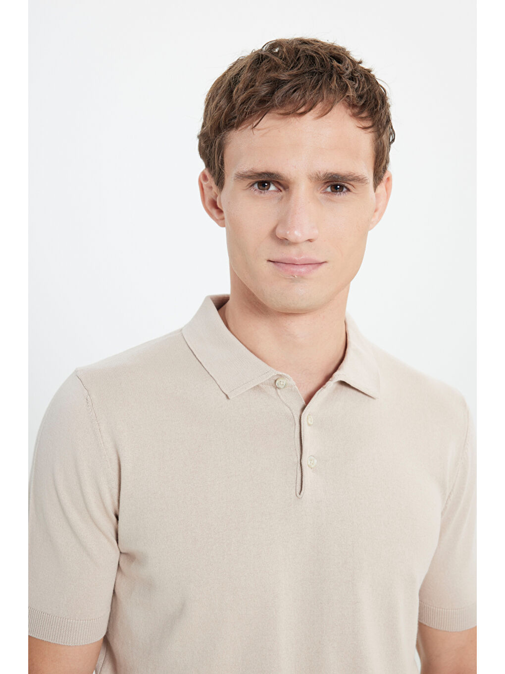 Erkek Bej Standart Fit Normal Kesim %100 Pamuk Polo Yaka Triko Tişört-3