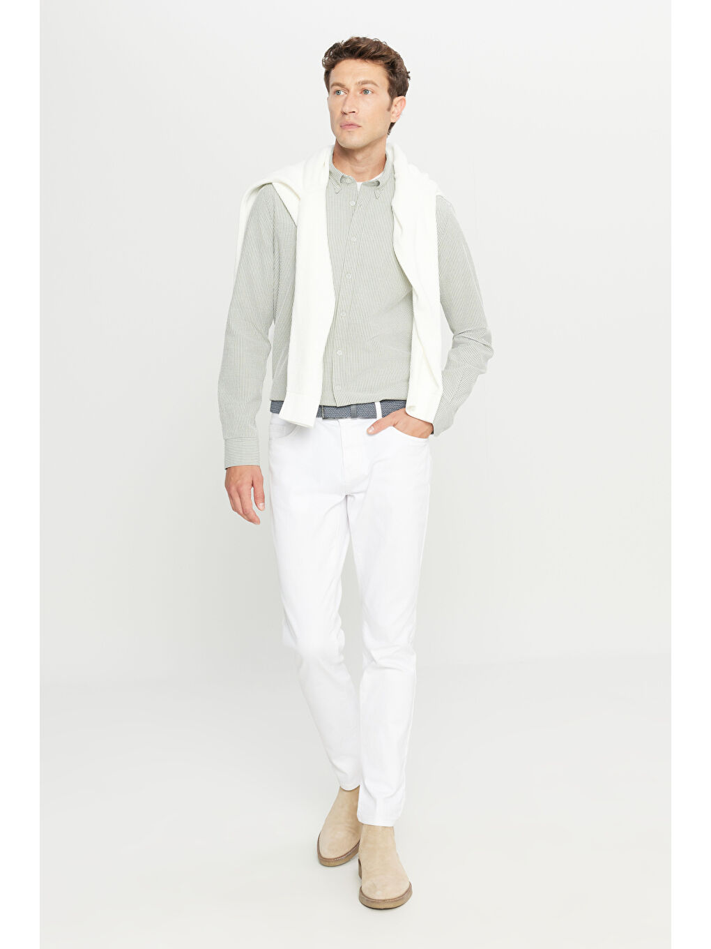 Erkek Haki-Beyaz %100 Pamuk Slim Fit Dar Kesim Düğmeli Yaka Çizgili Gömlek-2