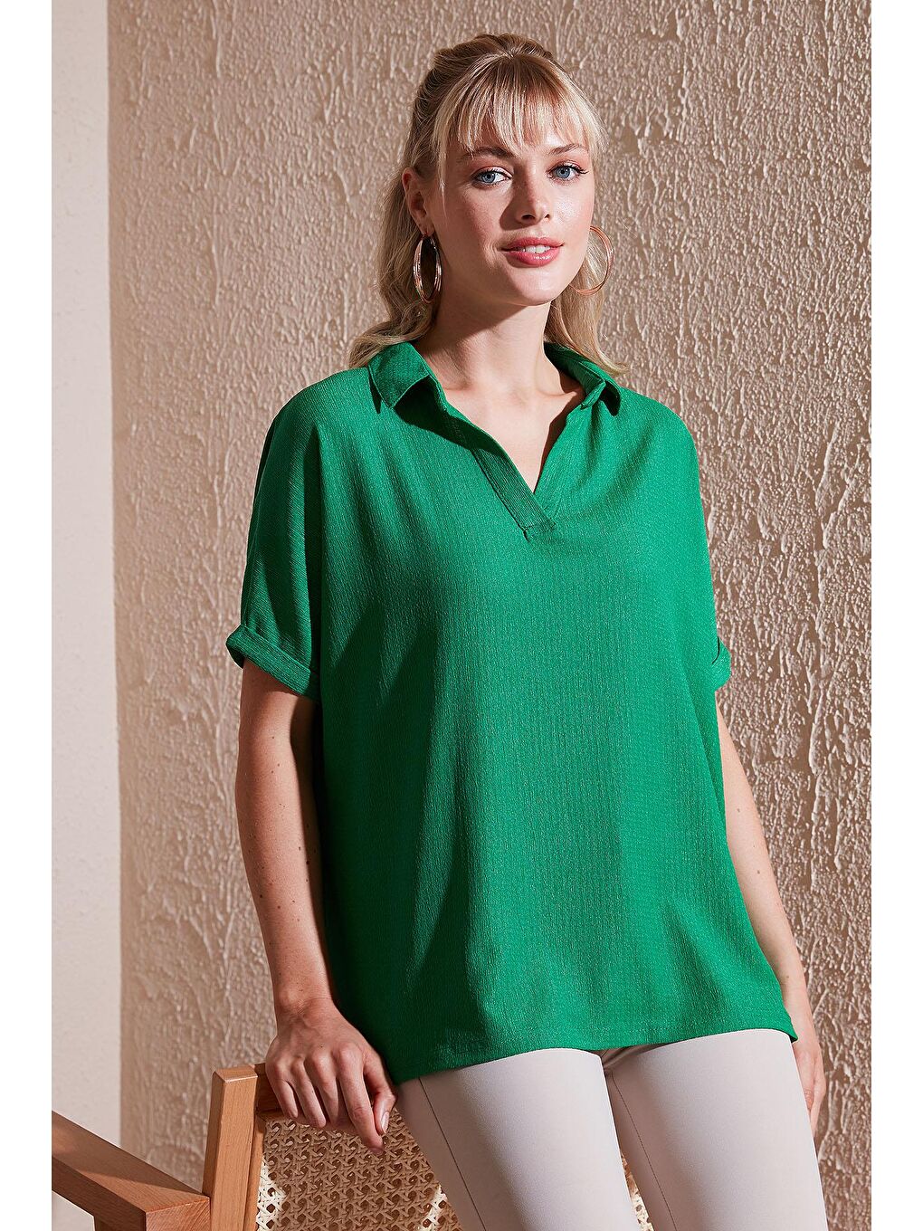 Lela Yeşil Polo Yaka Kısa Kollu Relaxed Fit Bluz 66904862S4